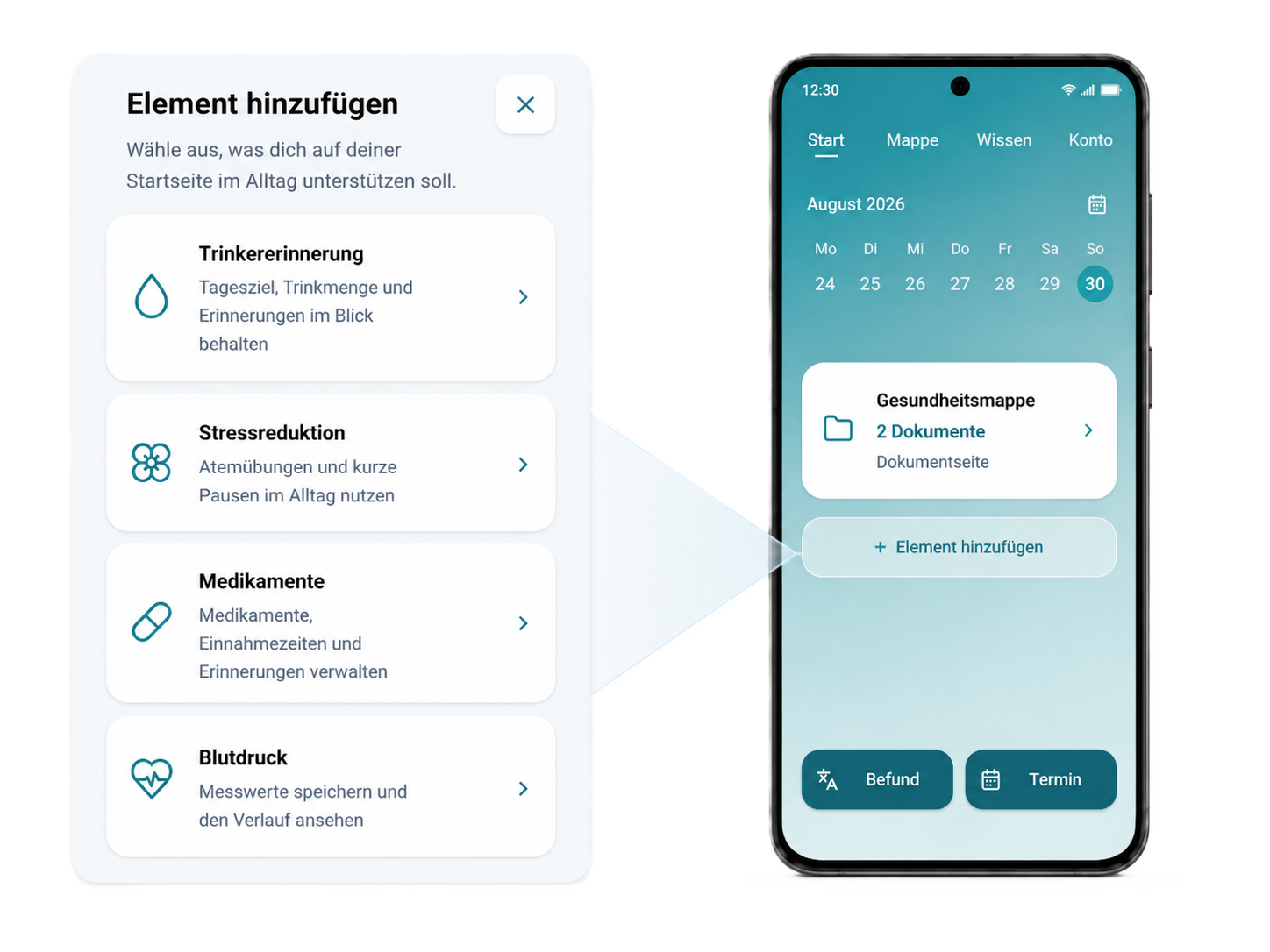 App Mockup mit auswählbaren Gesundheitsmodulen