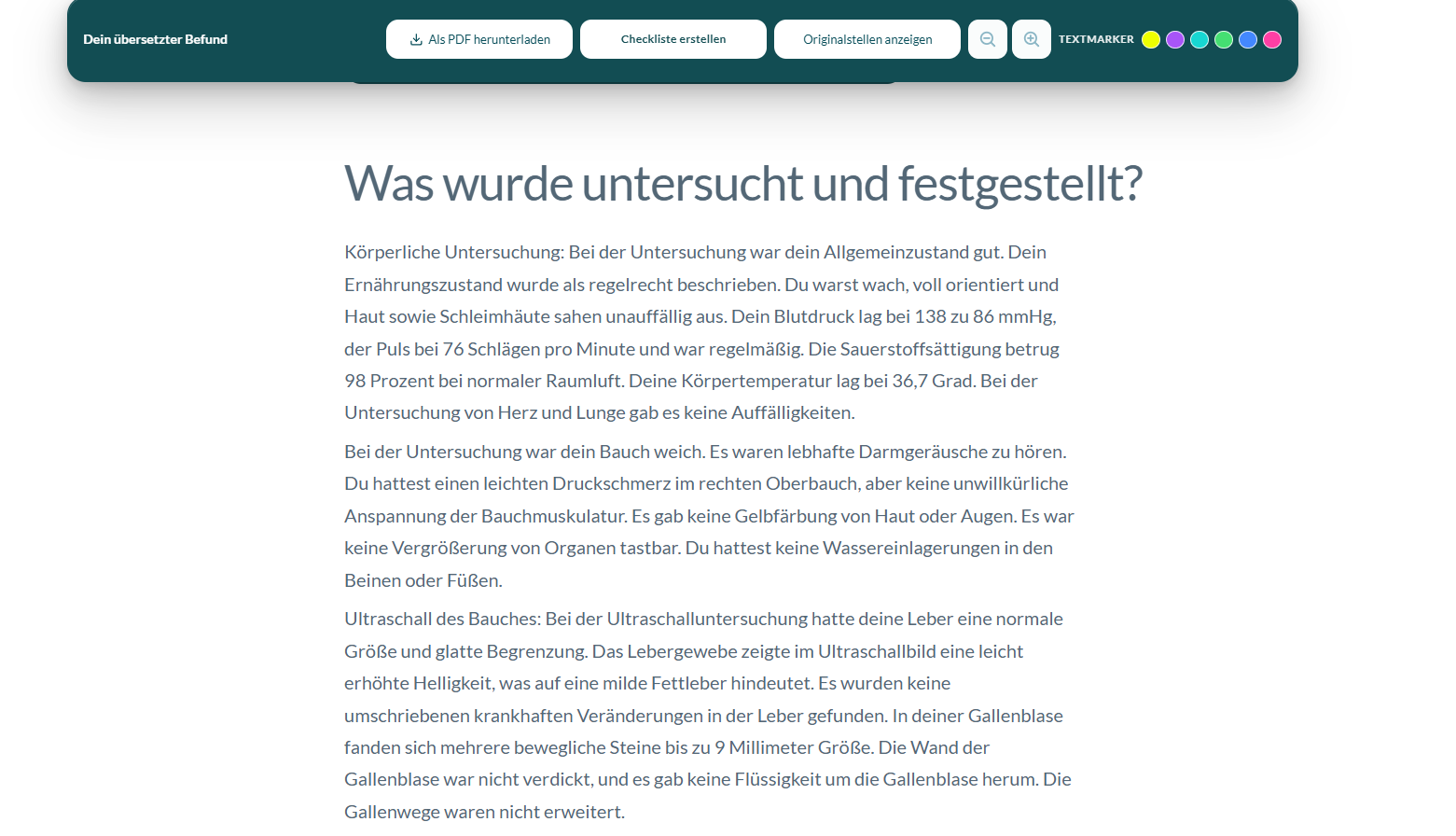 Ansicht einer verständlichen Befundübersetzung in Befundkompass